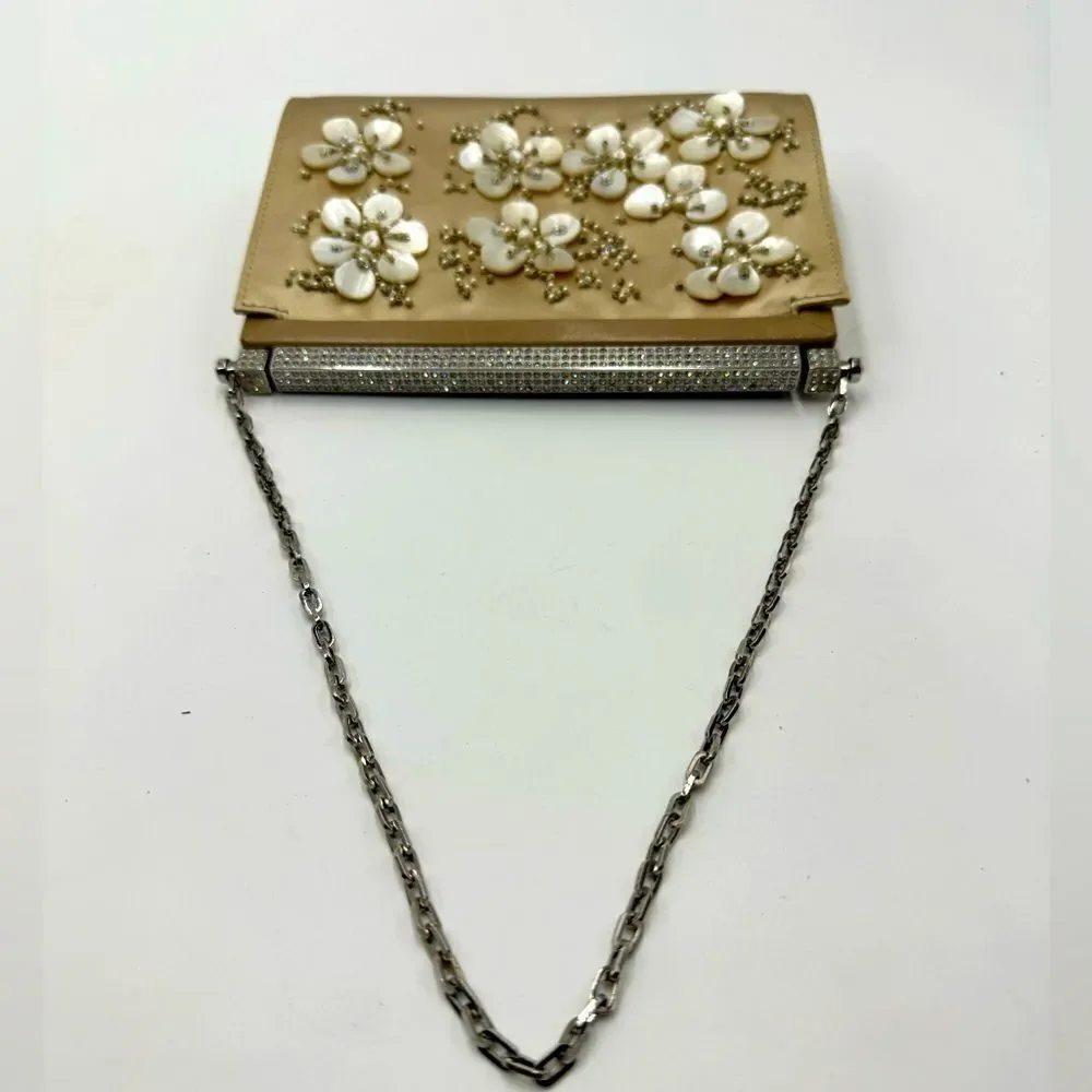 Auth Valentino Silk Floral Embroidered Crystal Framed Clutch Chain Evening Bag